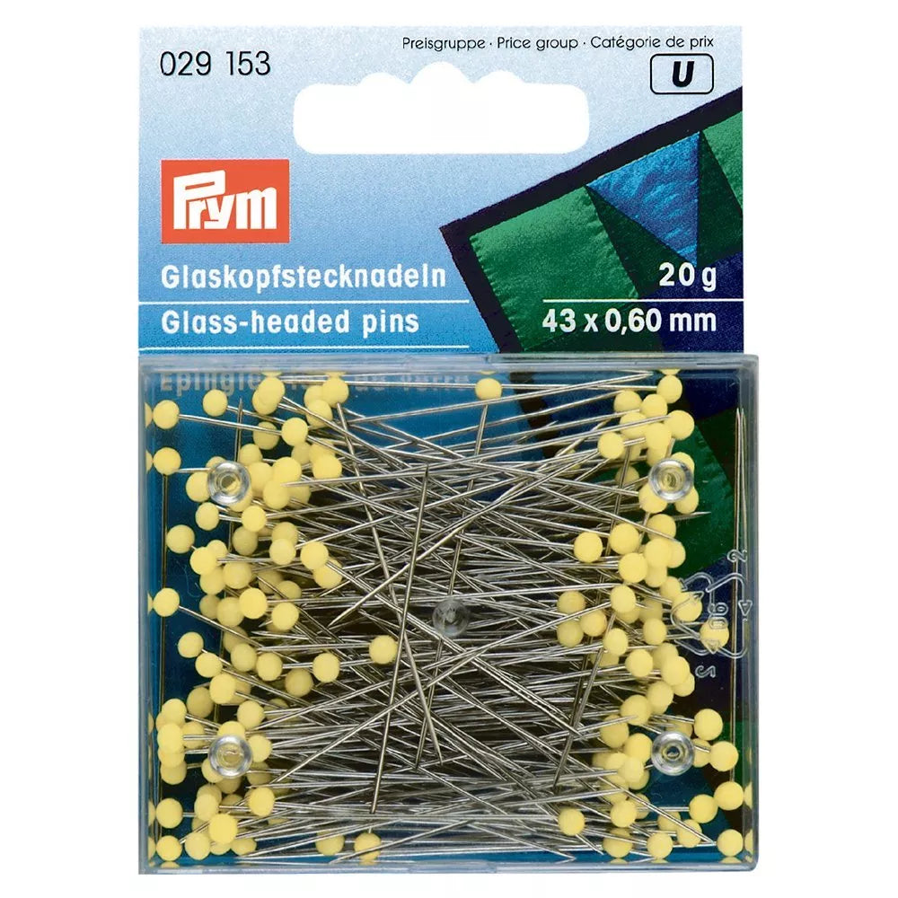 Prym glass headed pins 60mm 20g yellow, imported from the UK