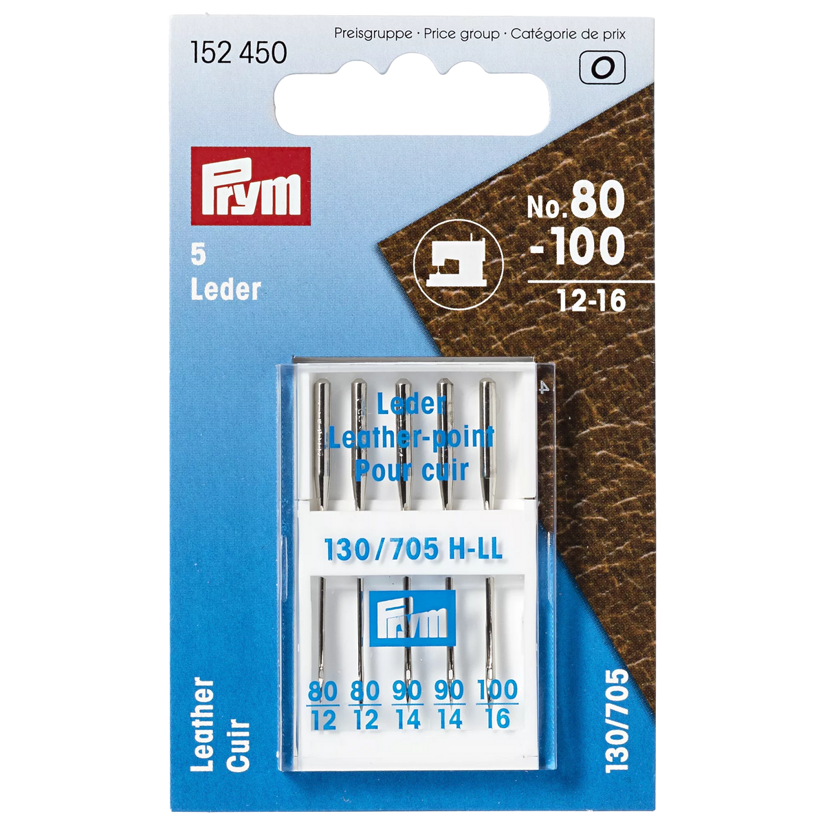 Prym leather sewing machine needles size 80-100 pack of 5, UK version