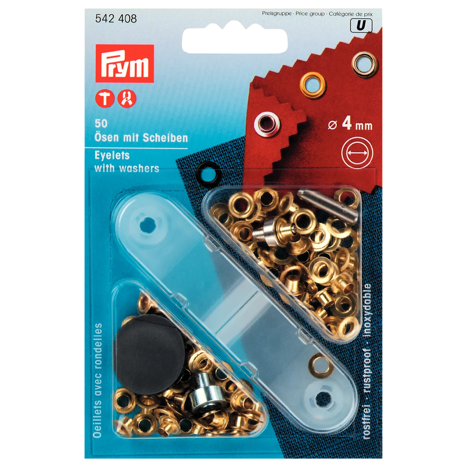Prym brass eyelets with washers 4mm pack of 50, UK version