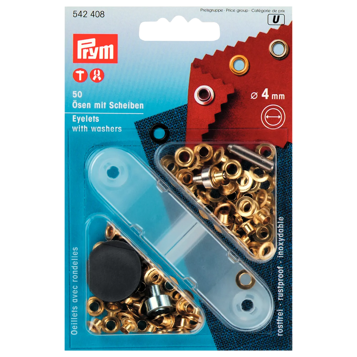 Prym brass eyelets with washers 4mm pack of 50, UK version