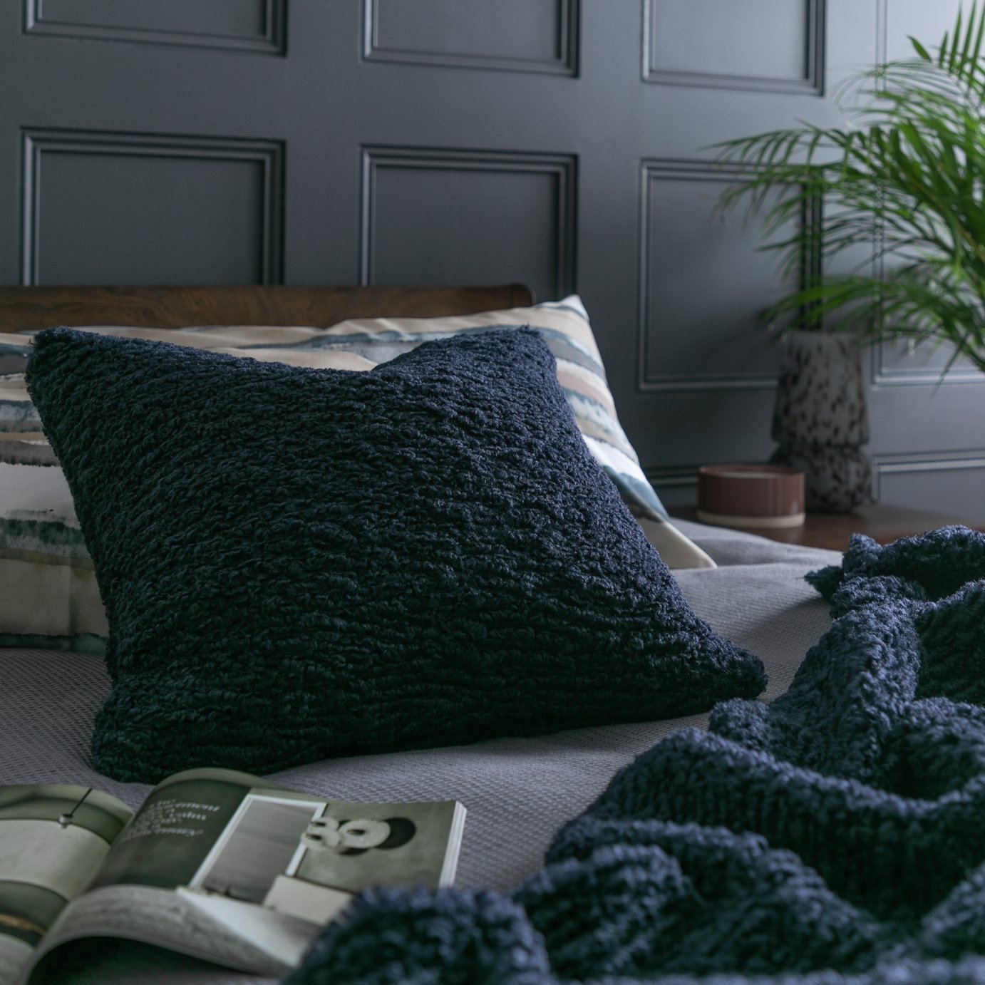 Habitat faux shearling cushion in navy 50x50cm, UK version
