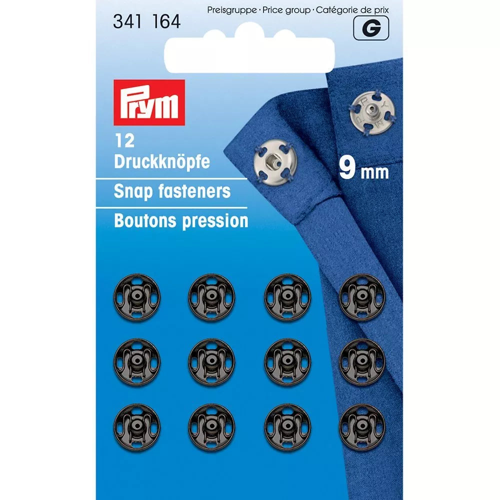 Prym snap fasteners black 9mm pack of 12 (British brand)