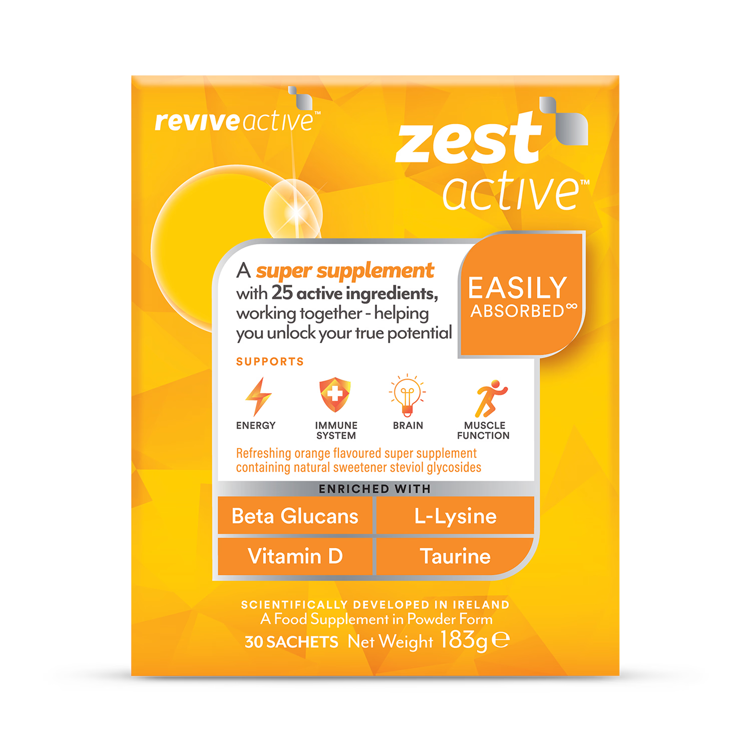 Revive Zest Active multivitamin supplement 30 sachets imported from Ireland