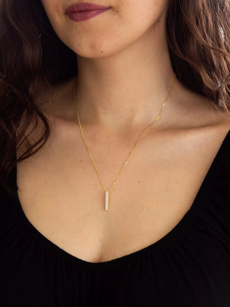 IBB 9ct gold cubic zirconia bar drop pendant with chain (British brand)