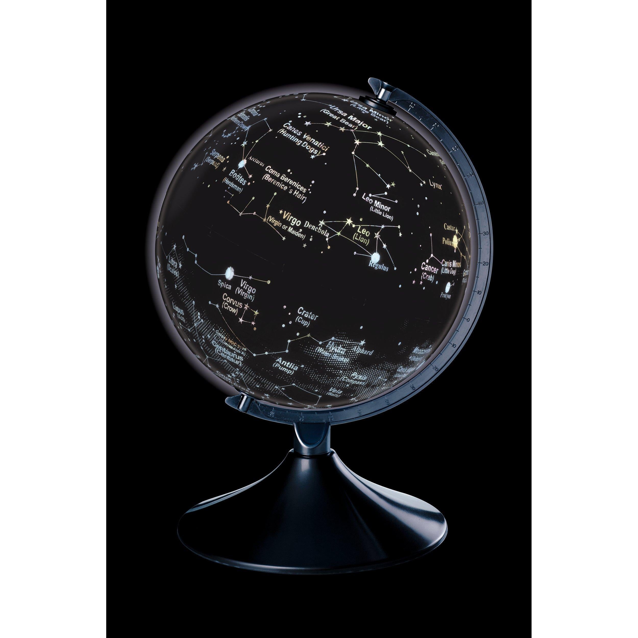 Illuminated Earth and constellations globe showing world map and stars - British product