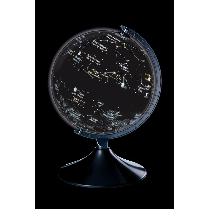 Illuminated Earth and constellations globe showing world map and stars - British product