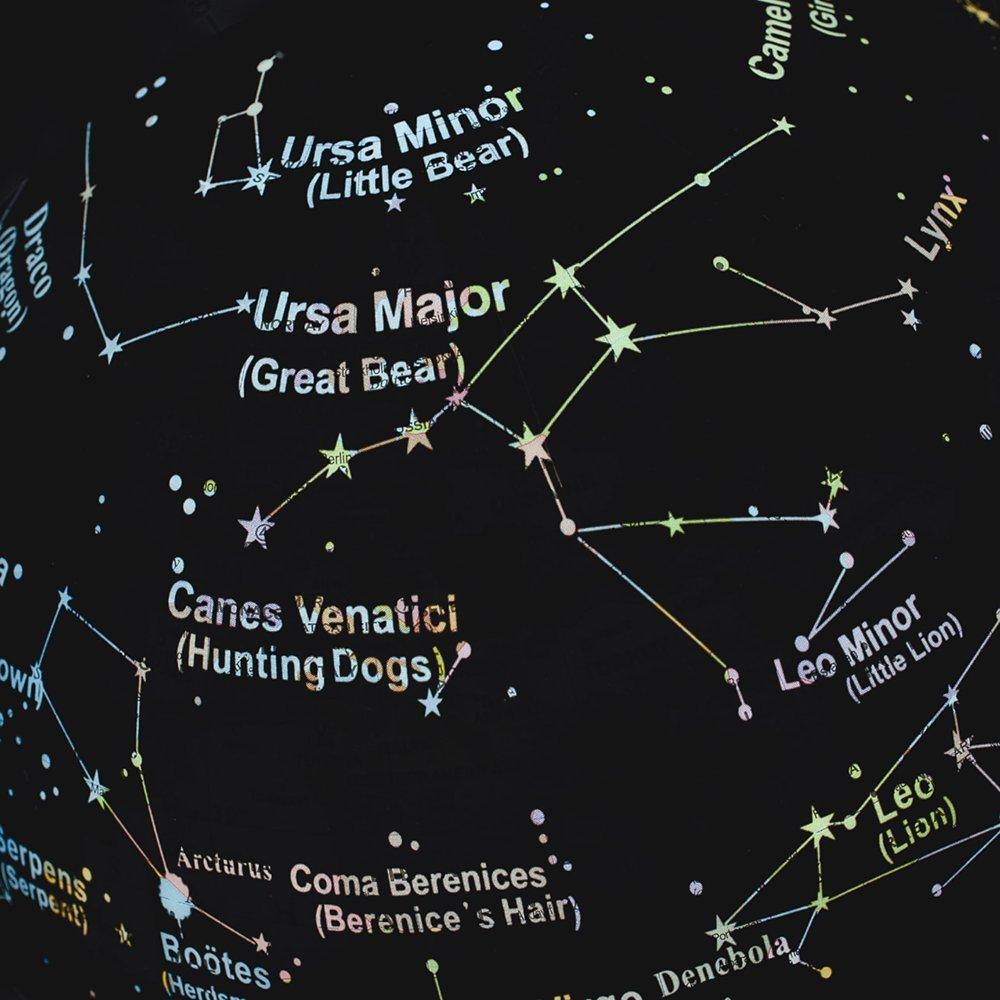 Illuminated Earth and constellations globe showing world map and stars - British product