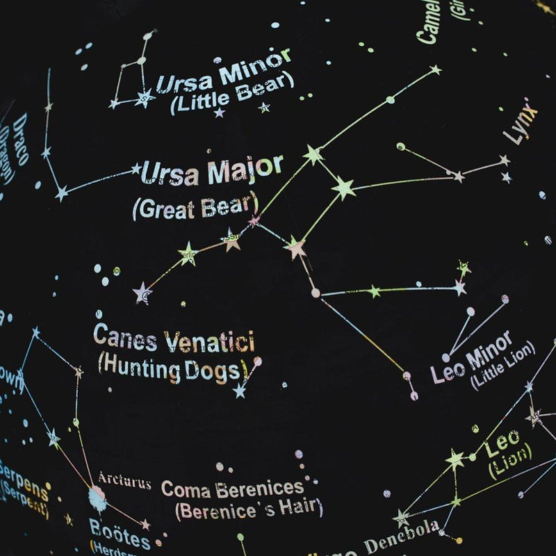 Illuminated Earth and constellations globe showing world map and stars - British product
