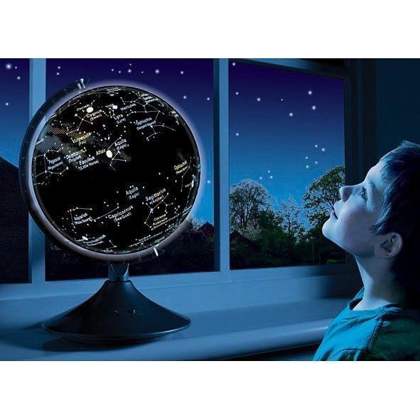 Illuminated Earth and constellations globe showing world map and stars - British product