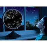 Illuminated Earth and constellations globe showing world map and stars - British product