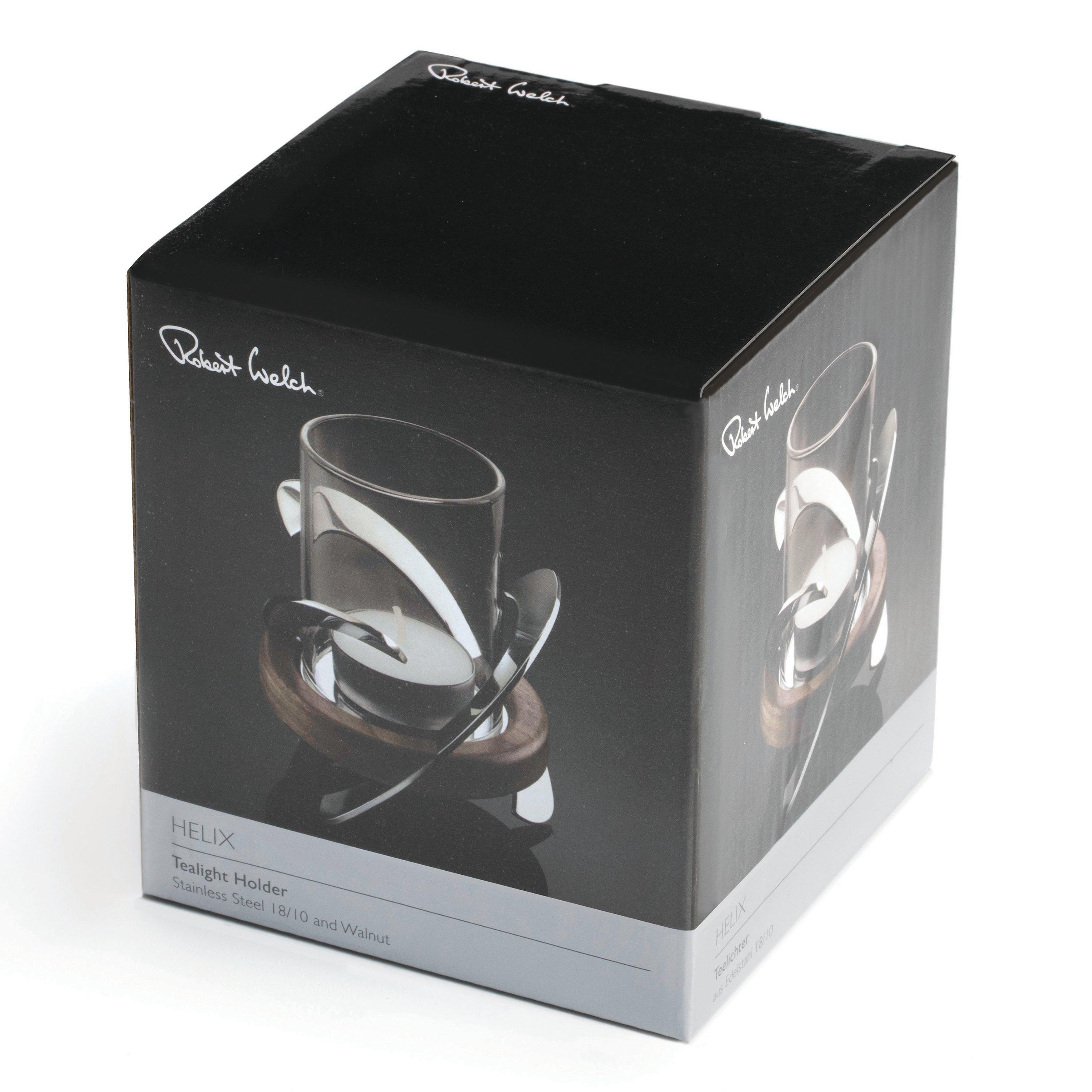 Robert Welch Helix tea light holder stainless steel walnut, UK version