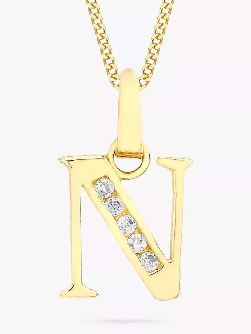 IBB 9ct Gold Cubic Zirconia Initial Pendant Necklace, N