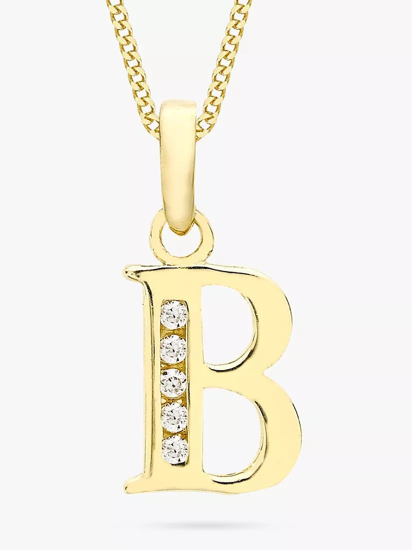 IBB 9ct Gold Cubic Zirconia Initial Pendant Necklace, B