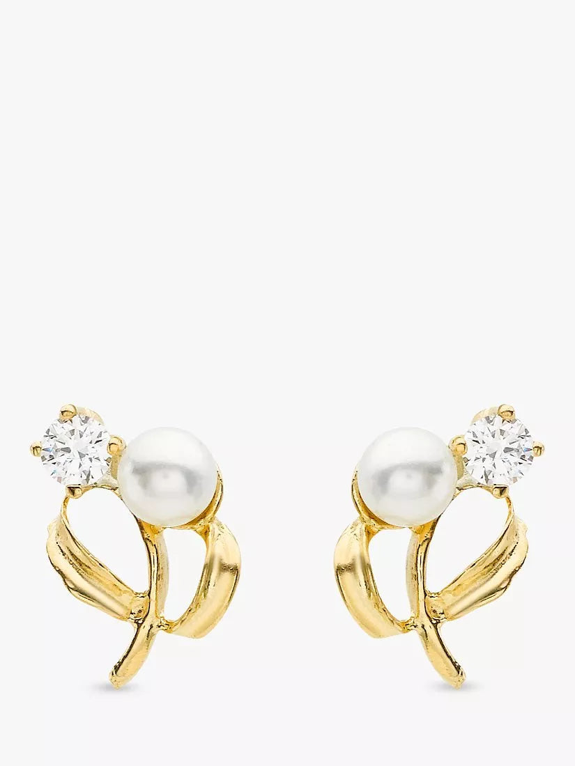 IBB 9ct gold stud earrings faux pearl cubic zirconia, UK version