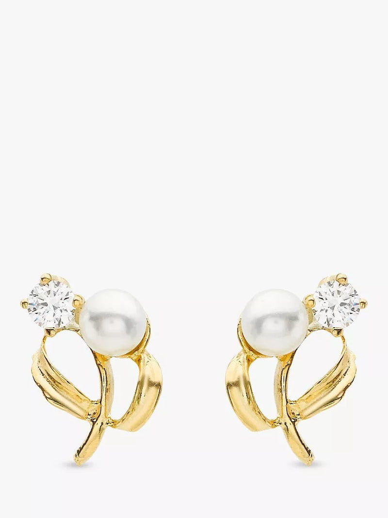IBB 9ct gold stud earrings faux pearl cubic zirconia, UK version