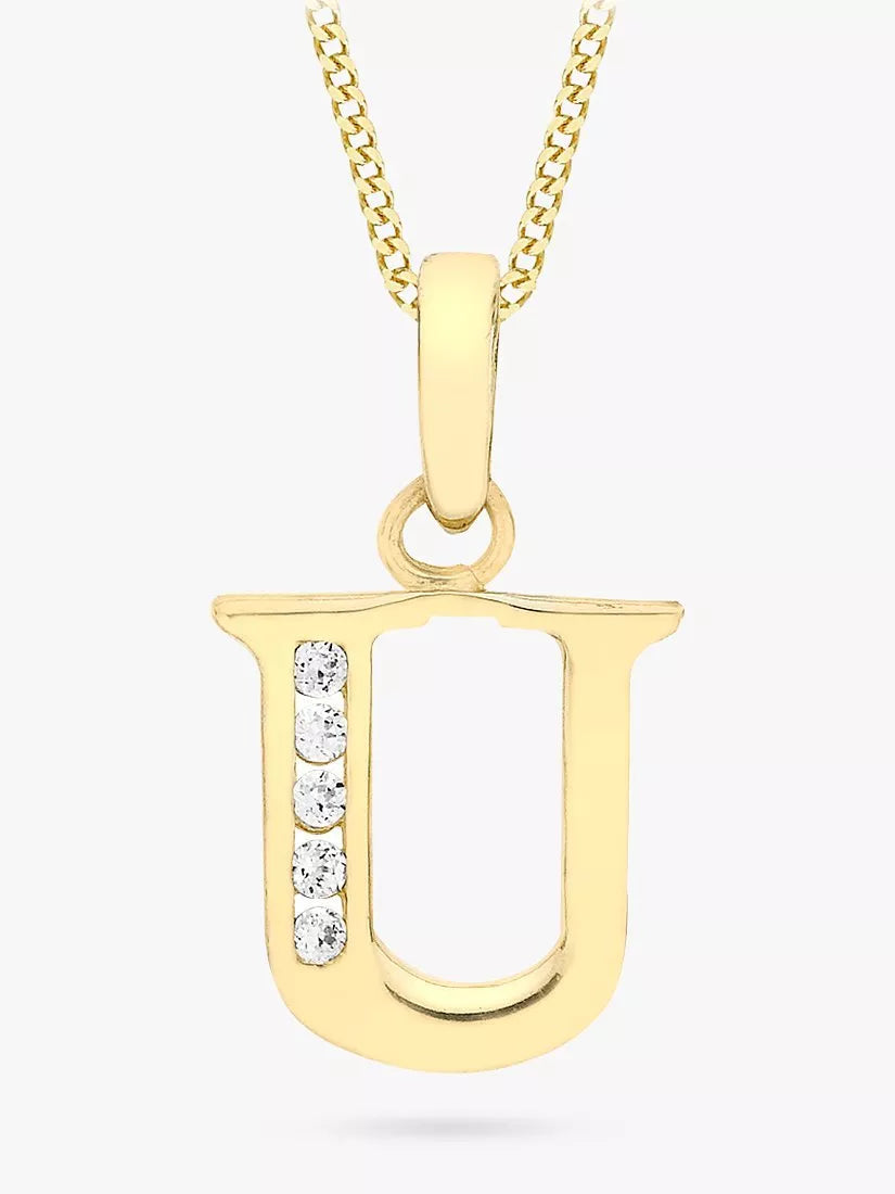 IBB 9ct Gold Cubic Zirconia Initial Pendant Necklace, U