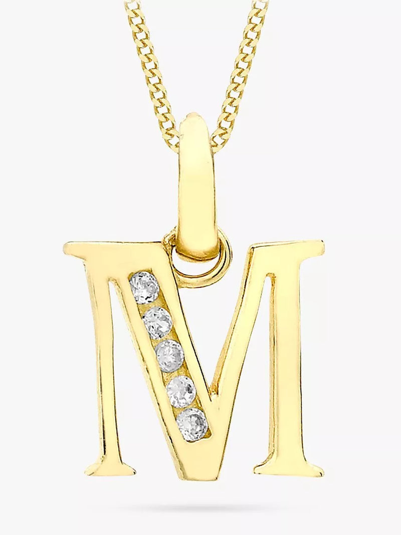 IBB 9ct Gold Cubic Zirconia Initial Pendant Necklace, M