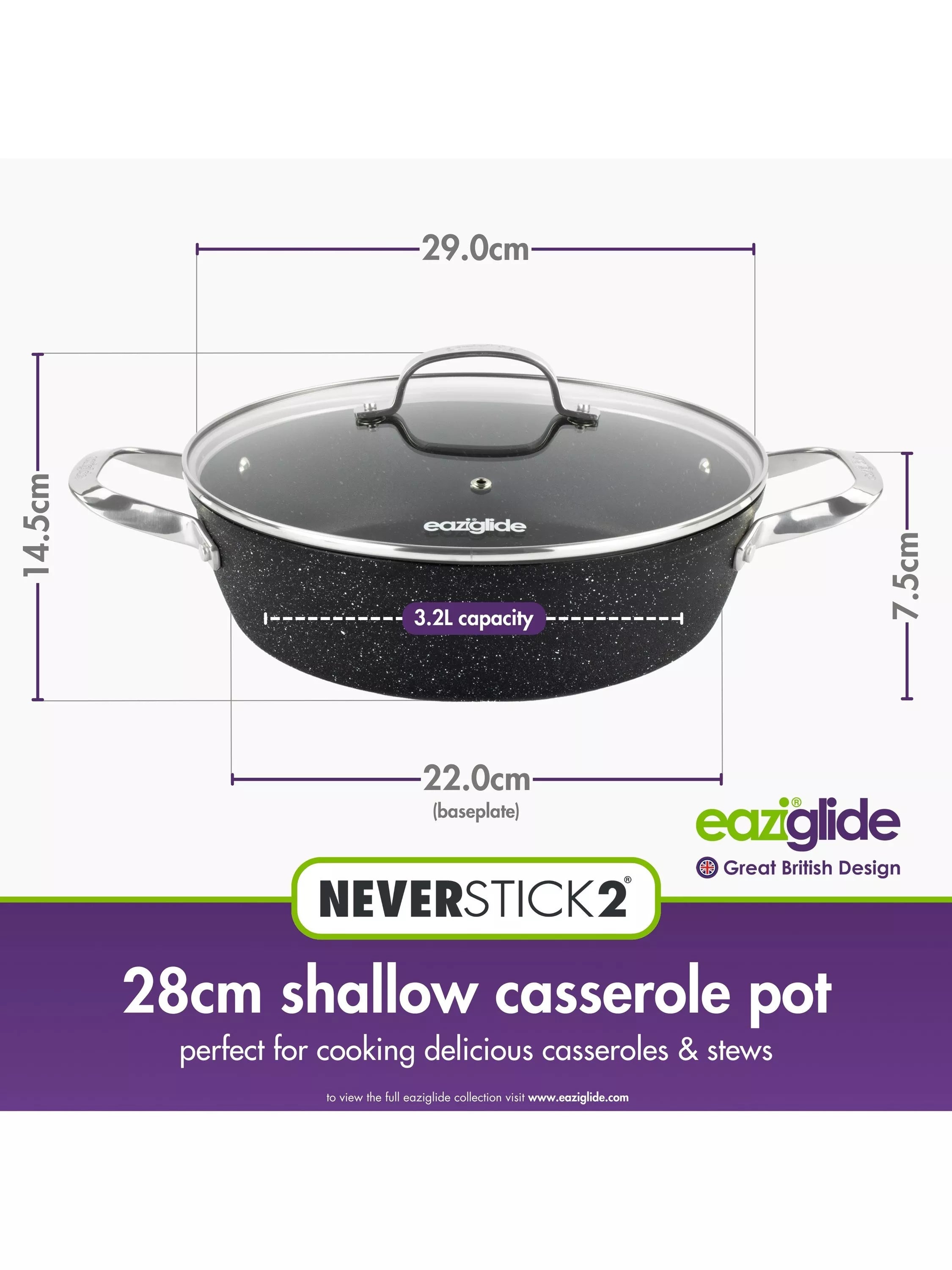 Eaziglide aluminium non-stick shallow casserole with lid 28cm - British product