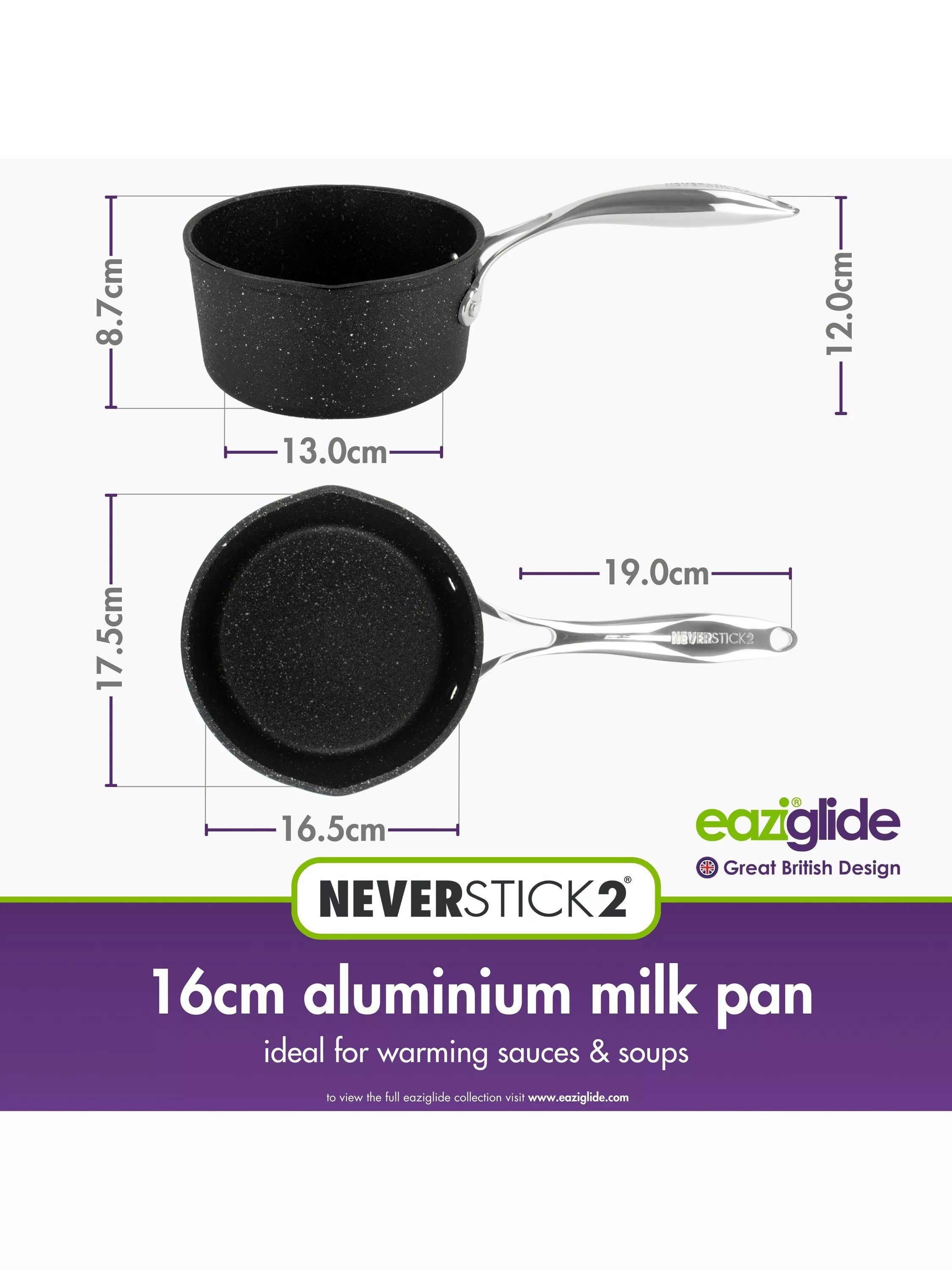Eaziglide Neverstick2 Aluminium Non-Stick Milk Pan 16cm - British product