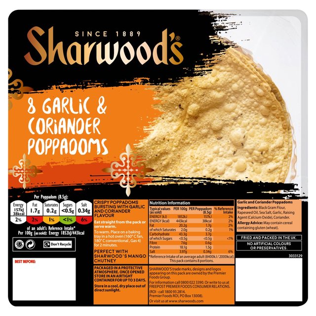 Sharwood's Garlic & Coriander Poppadoms   8 per pack GOODS M&S   