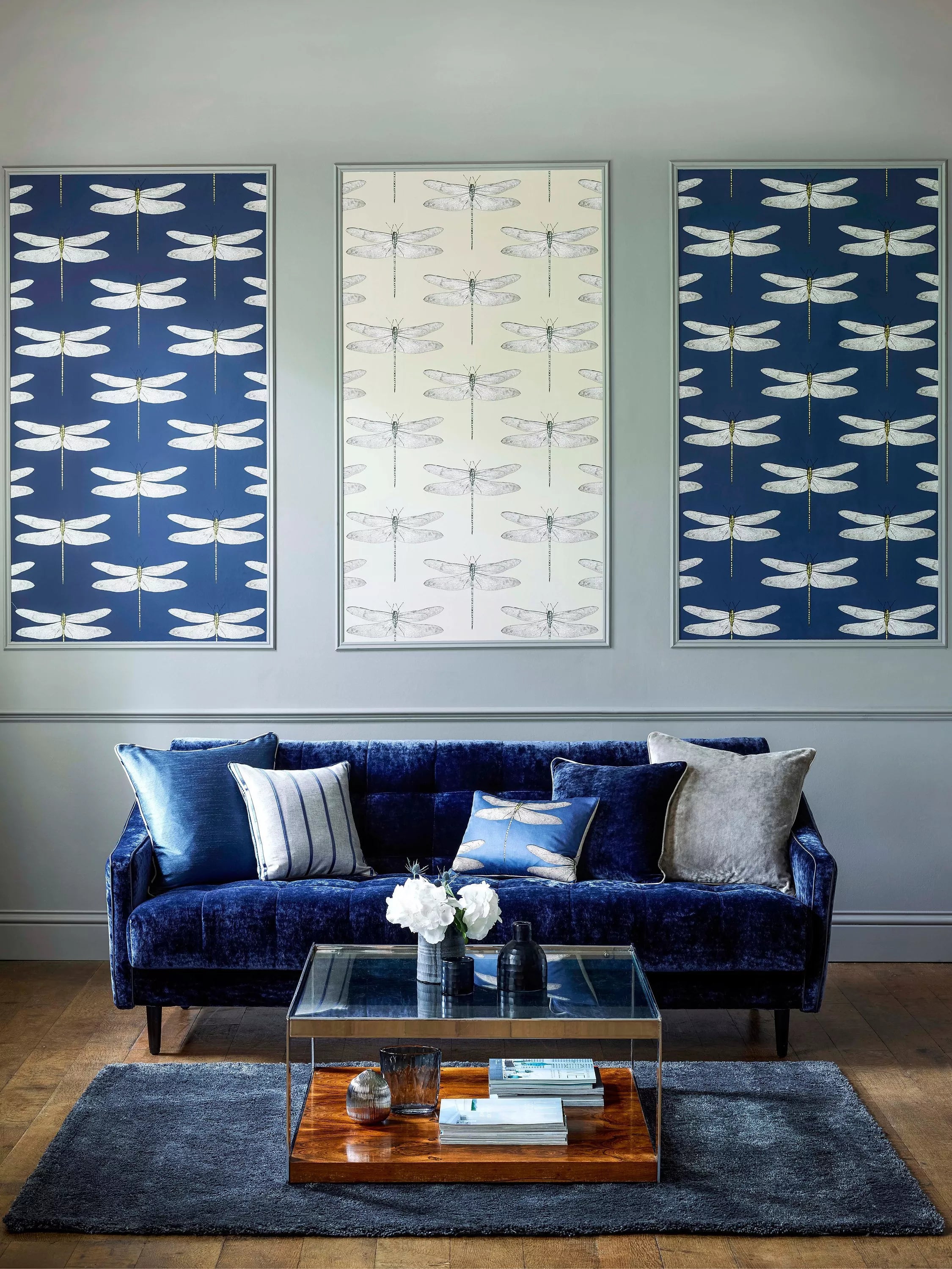 Harlequin Demoiselle wallpaper with dragonfly design in Shell, UK version