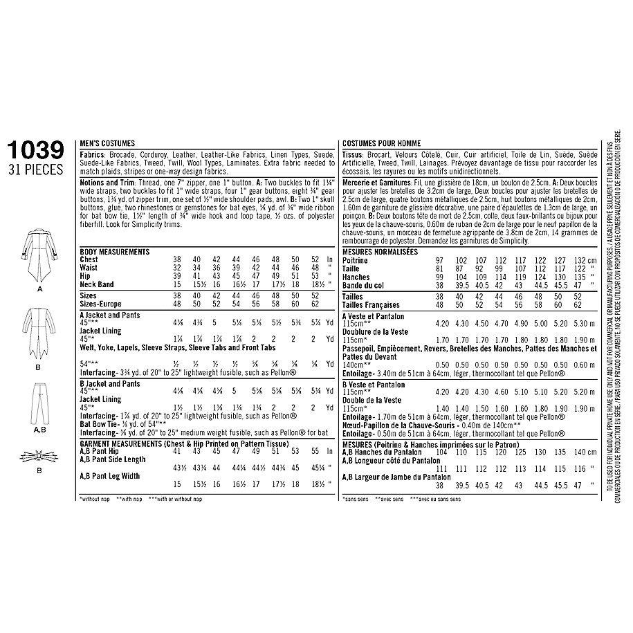 Simplicity men's cosplay sewing pattern 1039, UK version