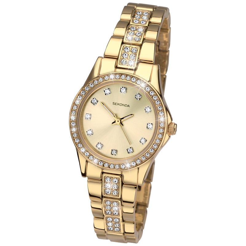 Sekonda women's diamante bracelet watch gold stainless steel, imported from the UK