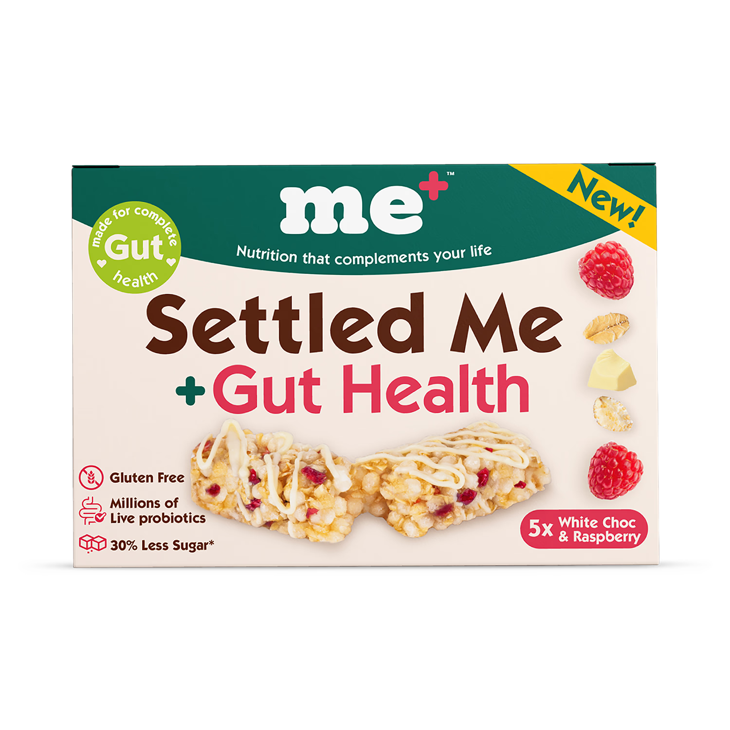 Settled Me+ white choc raspberry oat bars 5x19g UK version