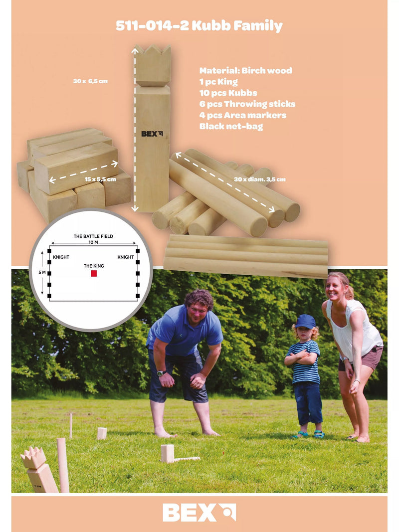 Bex Kubb game set with birch wood pieces, UK version