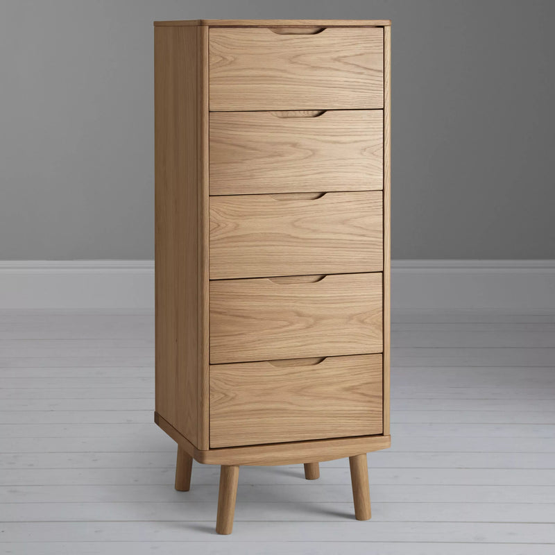 John Lewis Bow tallboy chest natural finish, imported from the UK