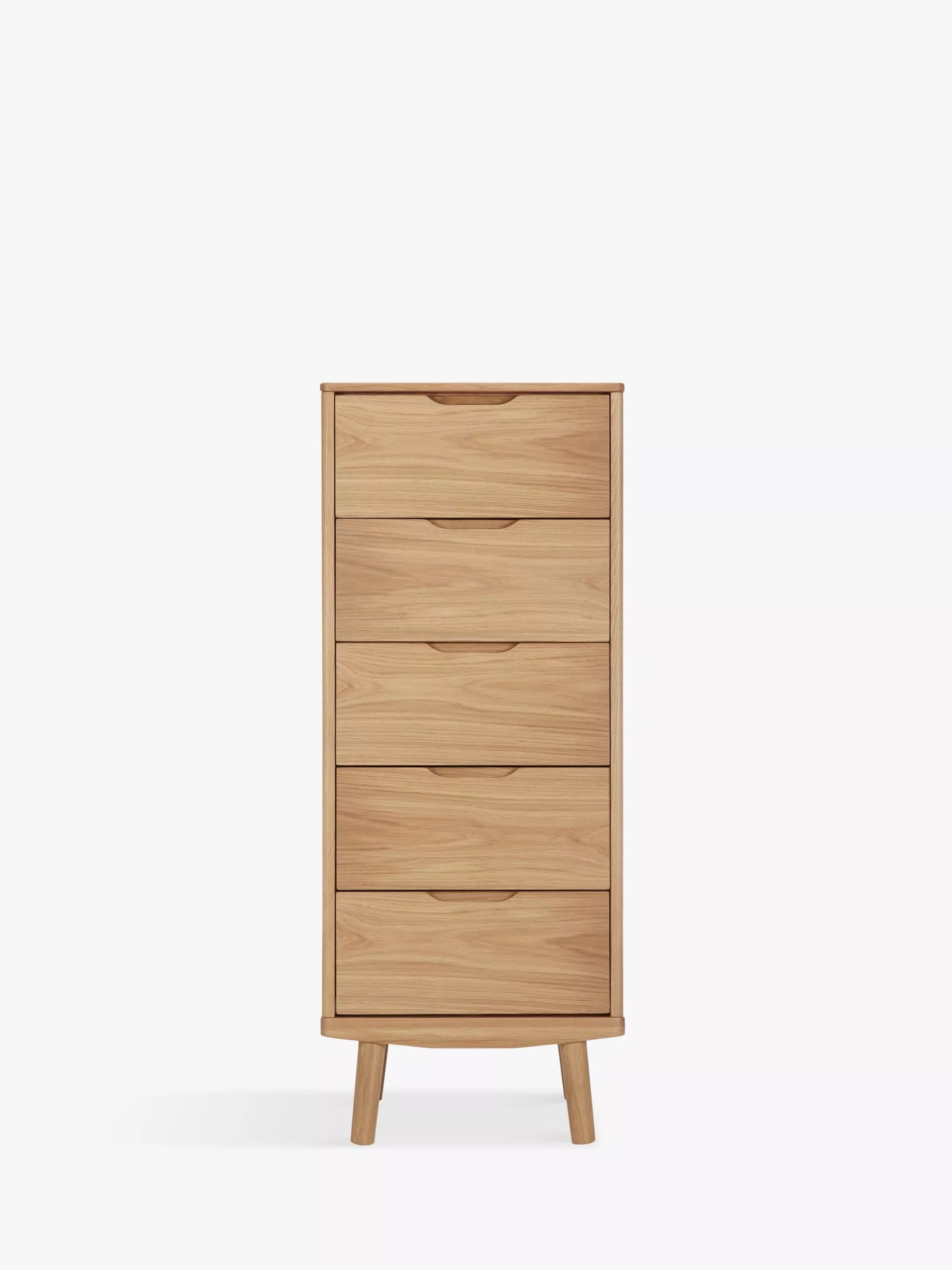 John Lewis Bow tallboy chest natural finish, imported from the UK