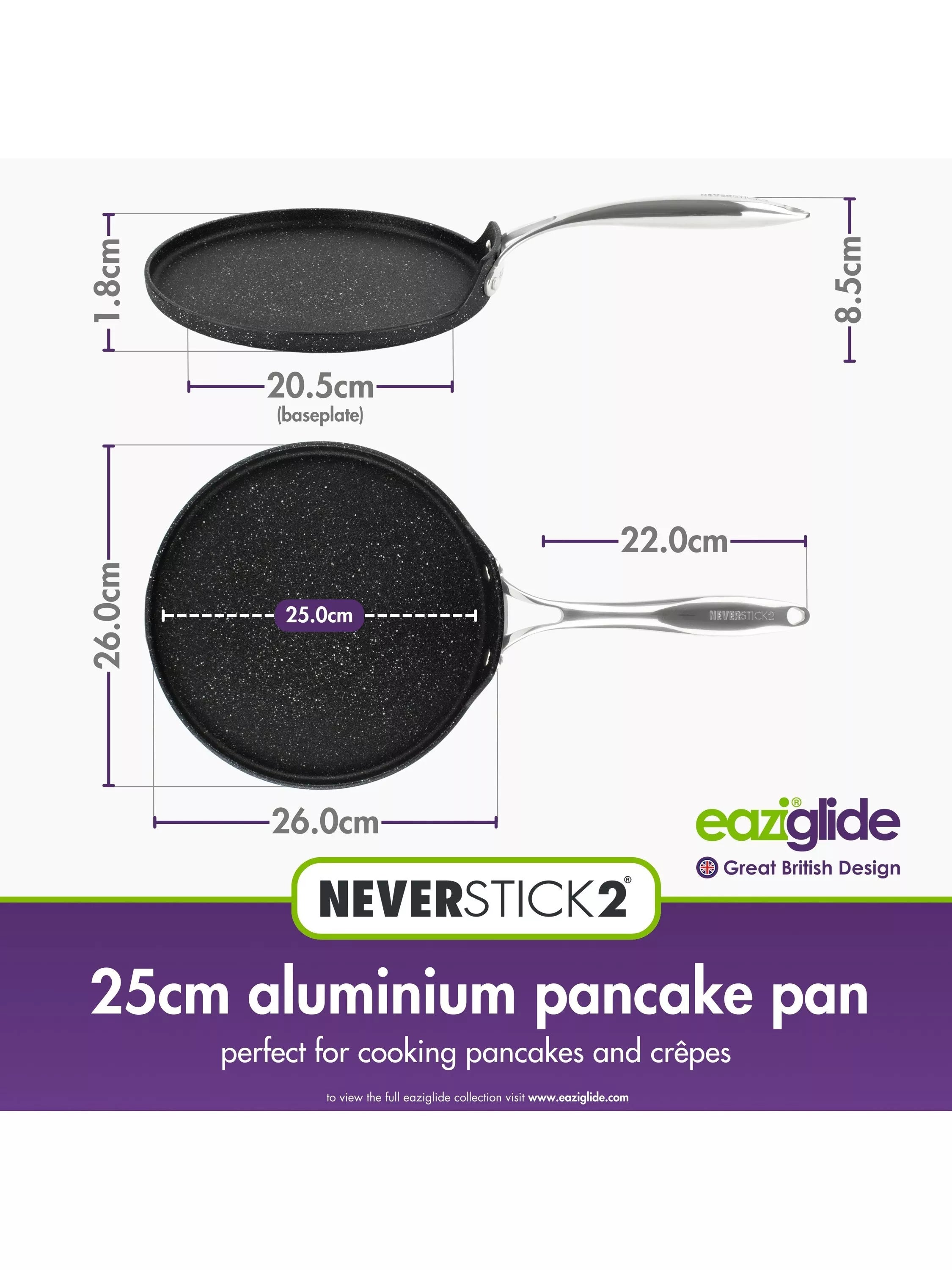 Eaziglide Neverstick2 Aluminum Non-Stick Pancake Pan Black 25cm - British product