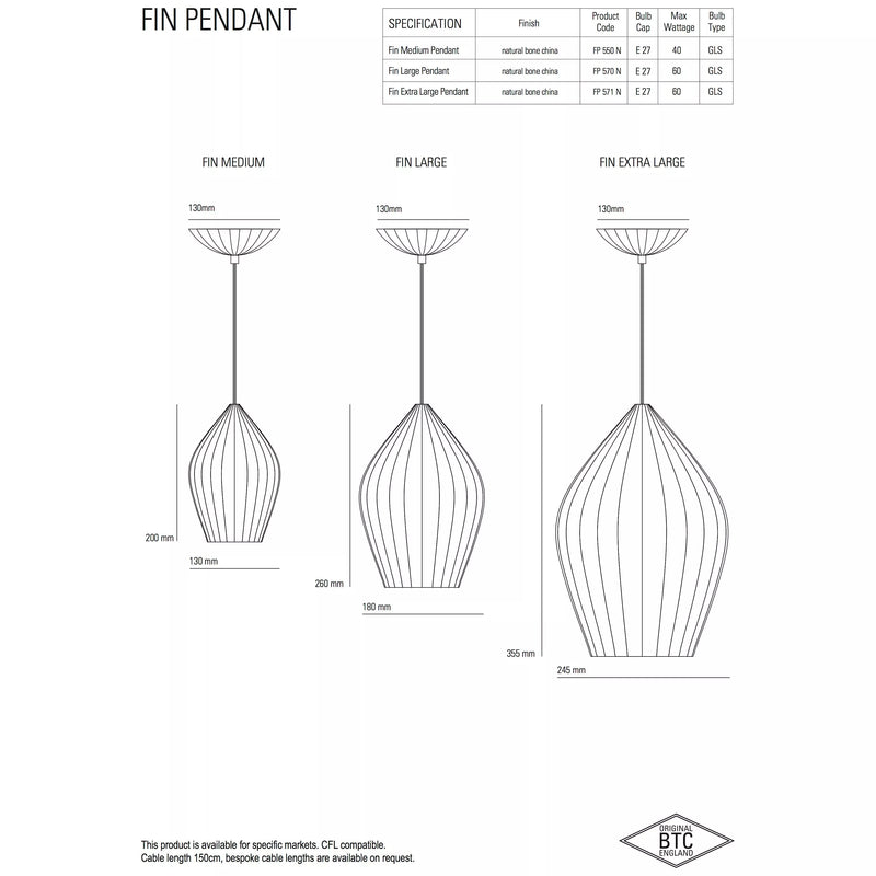 Original BTC Fin XL bone china pendant light, UK version
