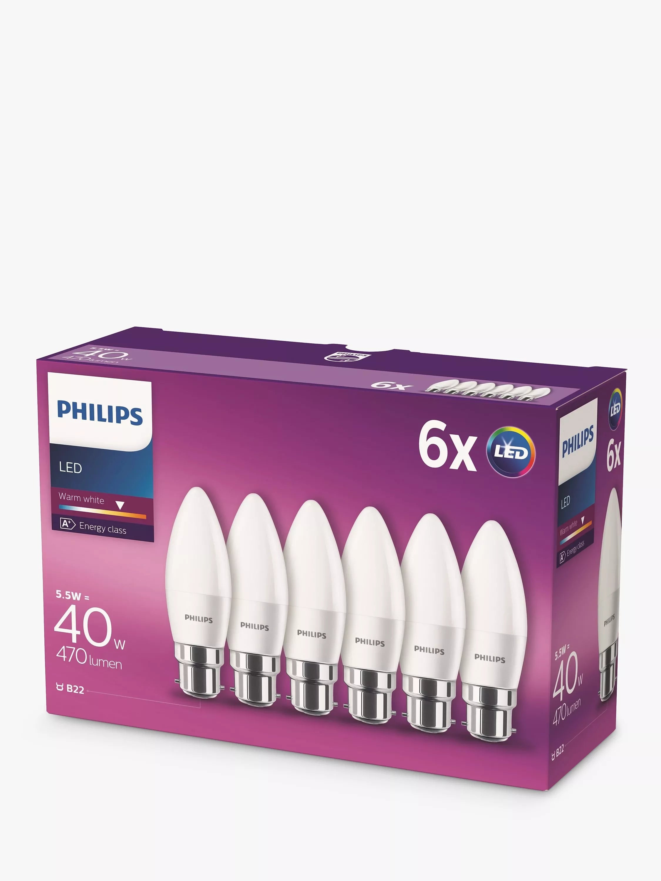 Philips LED light bulb BC candle frosted pack of 6, imported from the UK