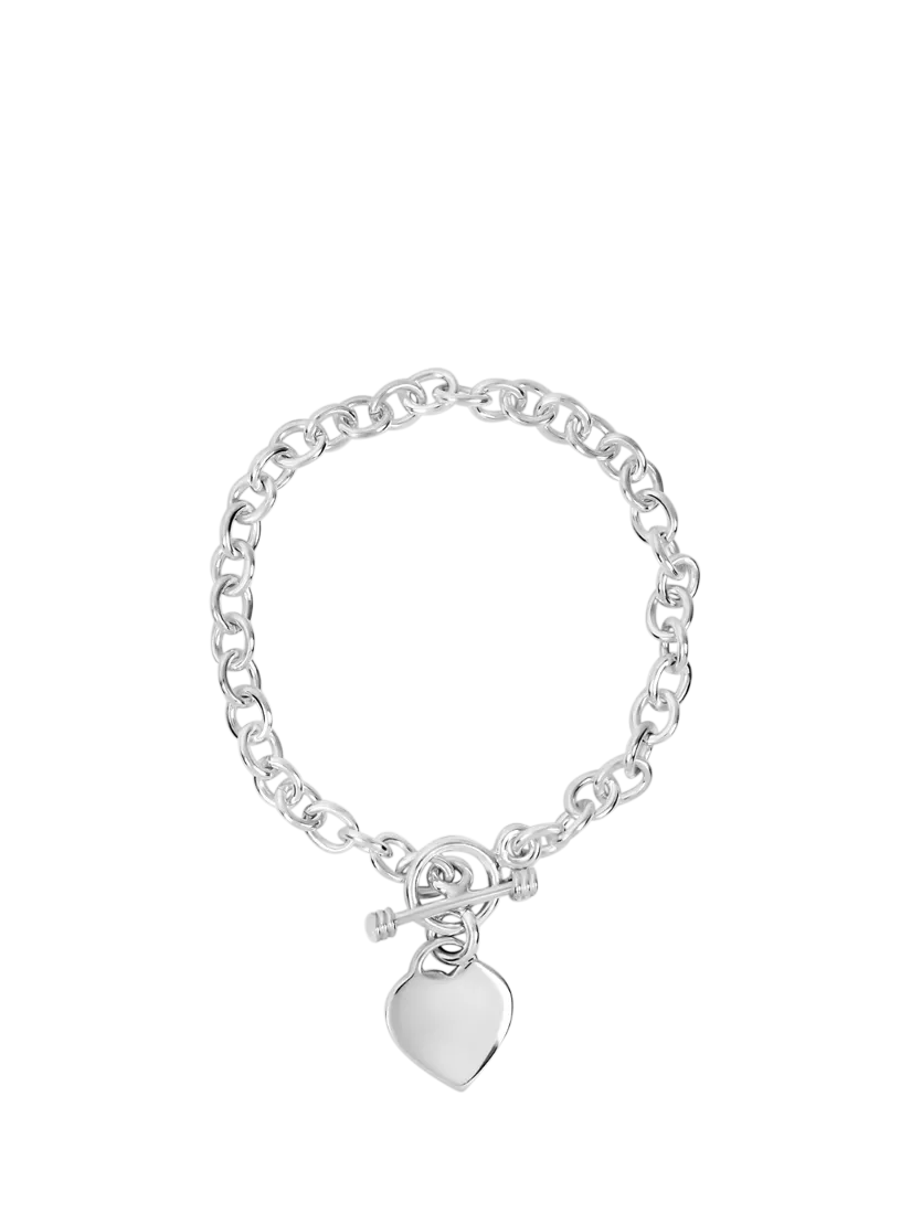 Andea Sterling Silver Oval Link Heart Charm Bracelet, Silver