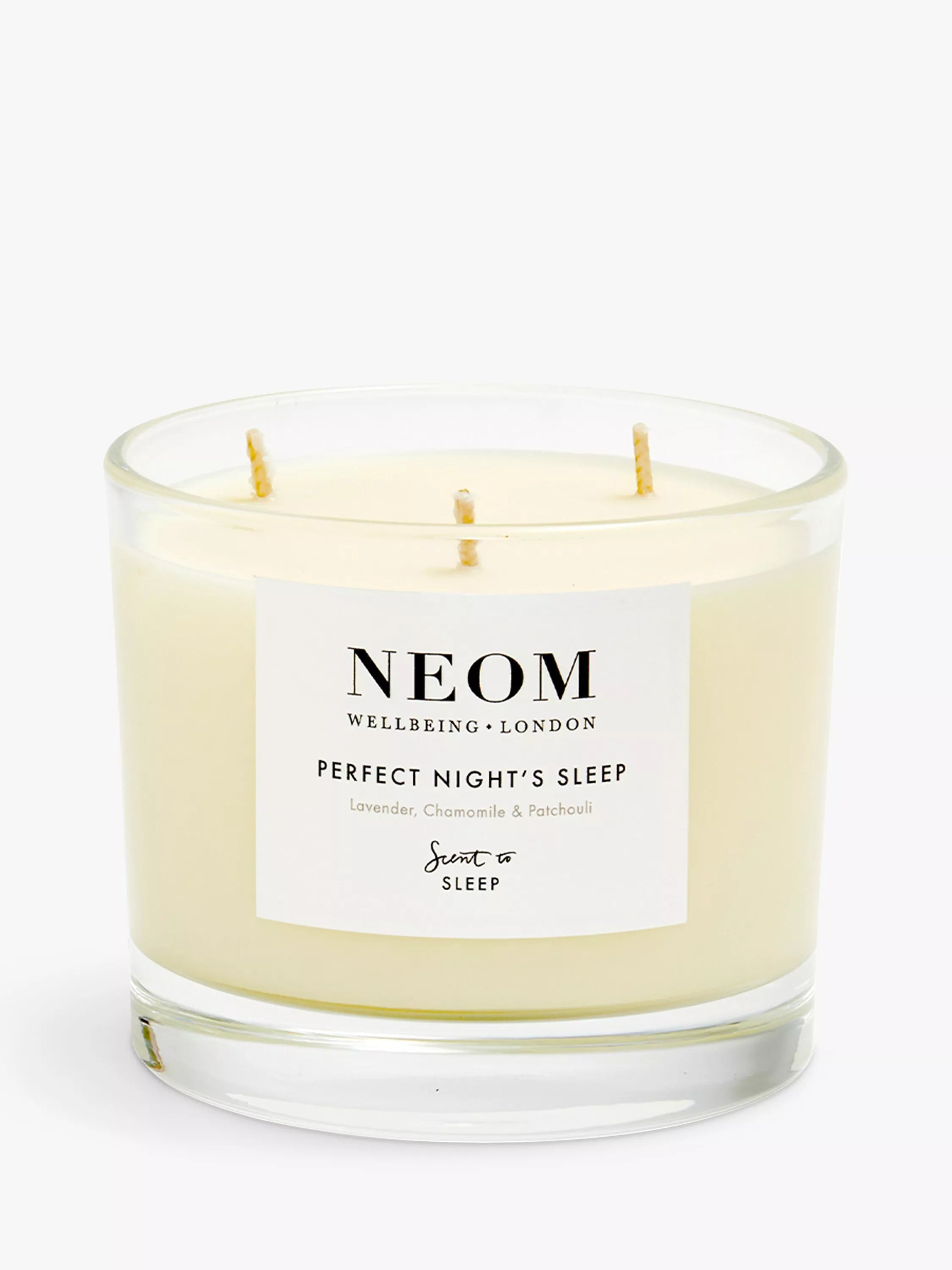 NEOM three wick scented candle for sleep with lavender and jasmine, imported from the UK