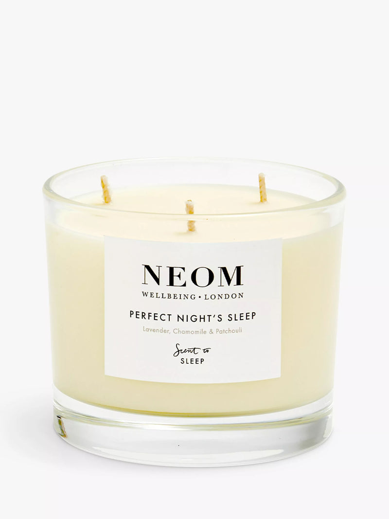 NEOM three wick scented candle for sleep with lavender and jasmine, imported from the UK