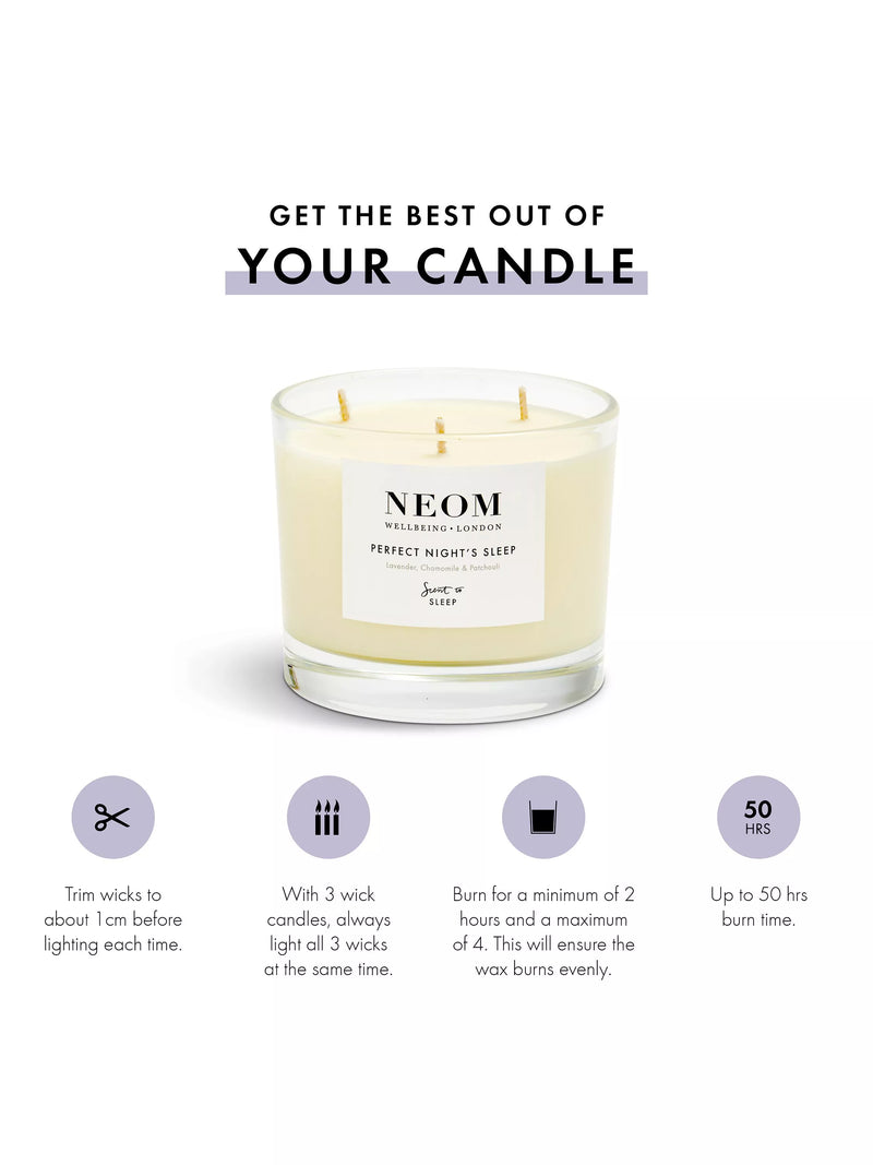 NEOM three wick scented candle for sleep with lavender and jasmine, imported from the UK