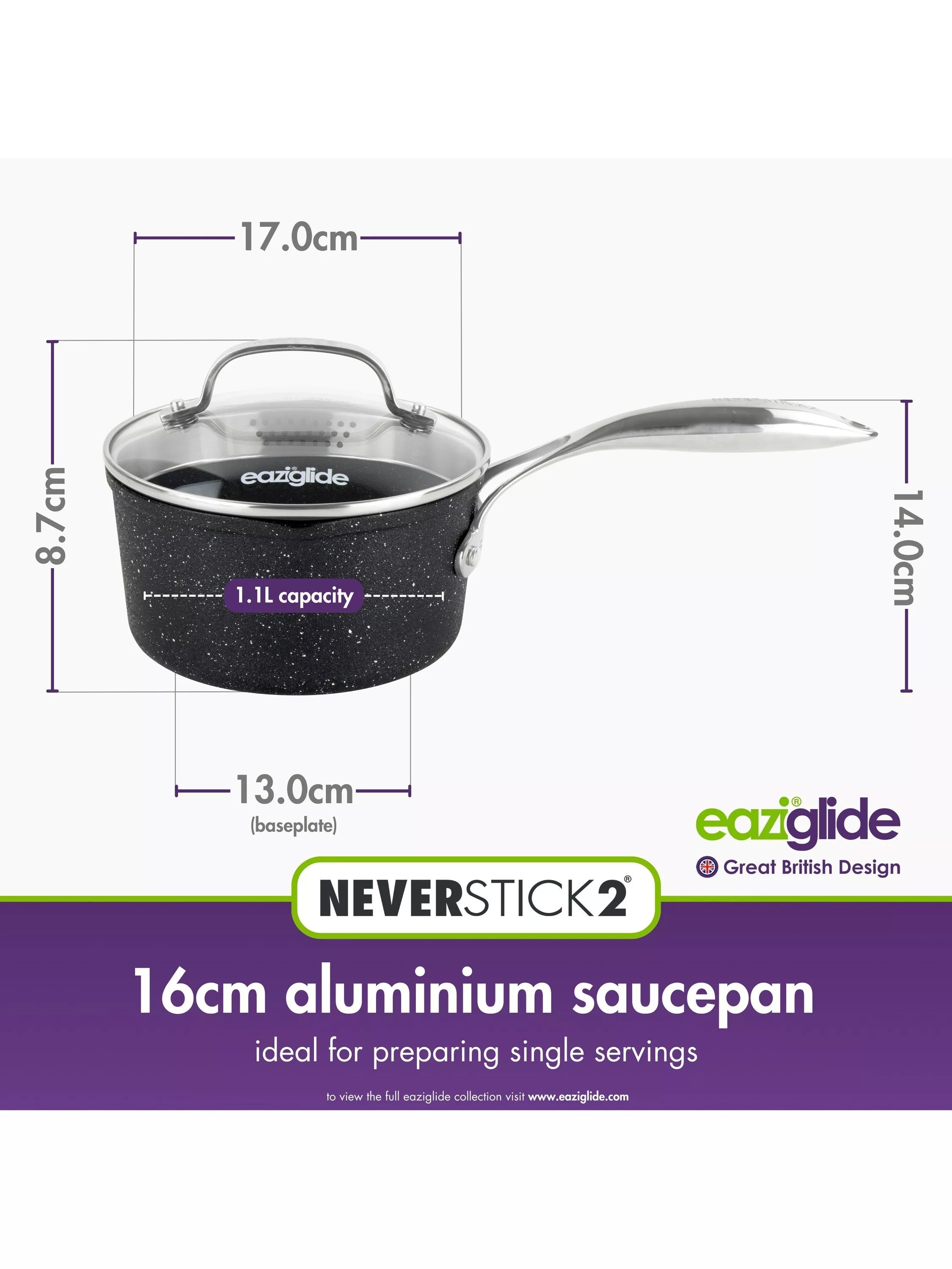 Eaziglide Neverstick2 aluminium non-stick saucepan 16cm - British product