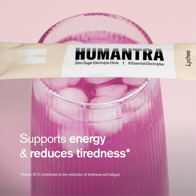 Humantra lychee zero sugar electrolyte drink sachets 6x3.9g, imported from the UK