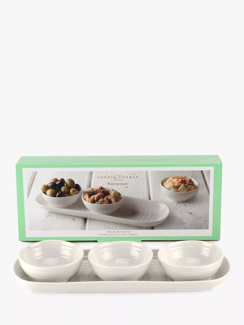 Portmeirion porcelain dip bowls set with tray, 3-piece, white (British brand)