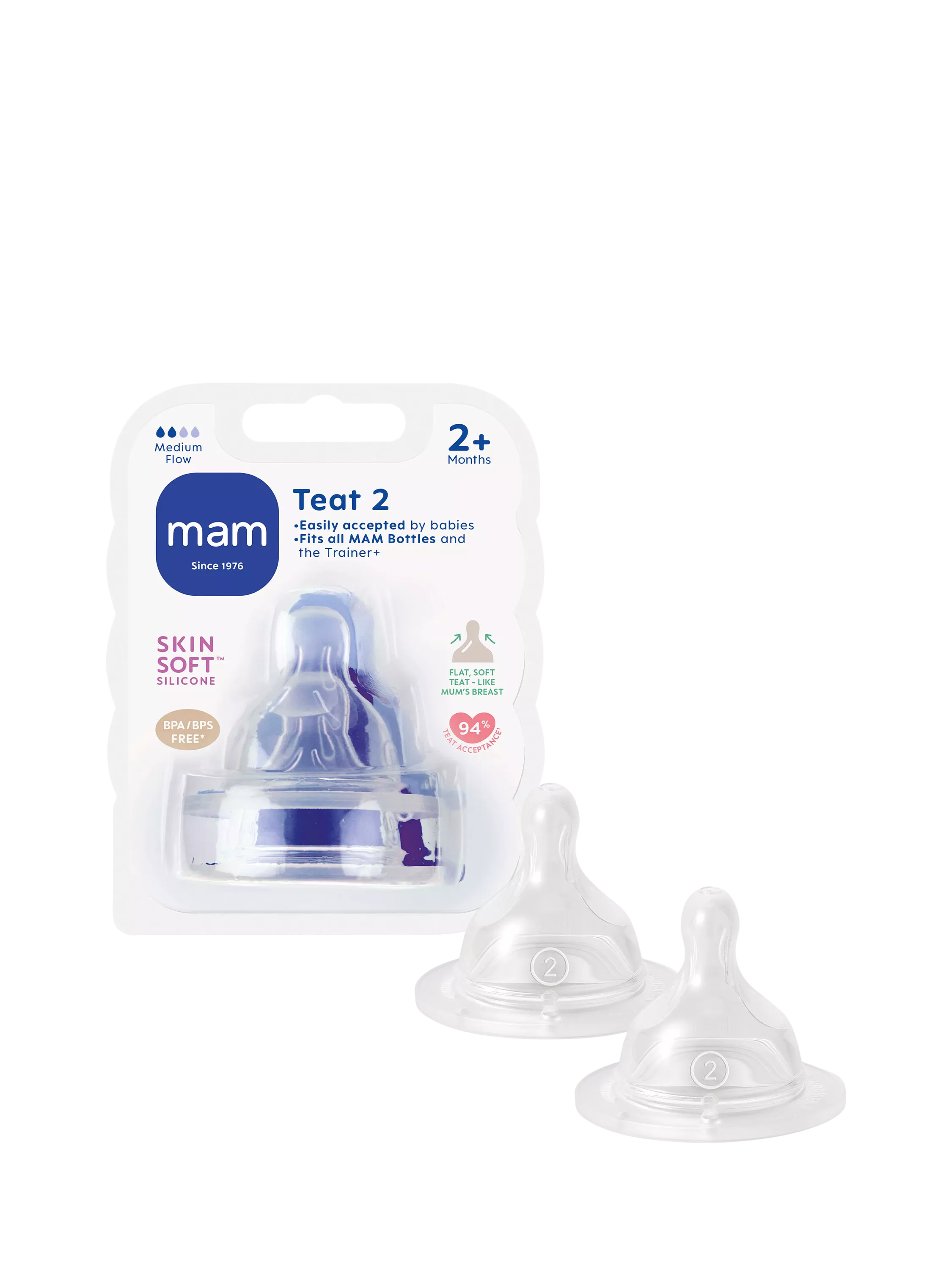 MAM medium flow baby bottle teats pack of 2 (British brand)