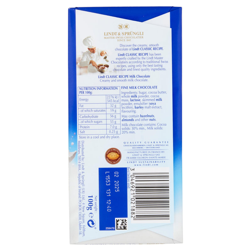 Lindt classic recipe milk chocolate bar 100g, UK version