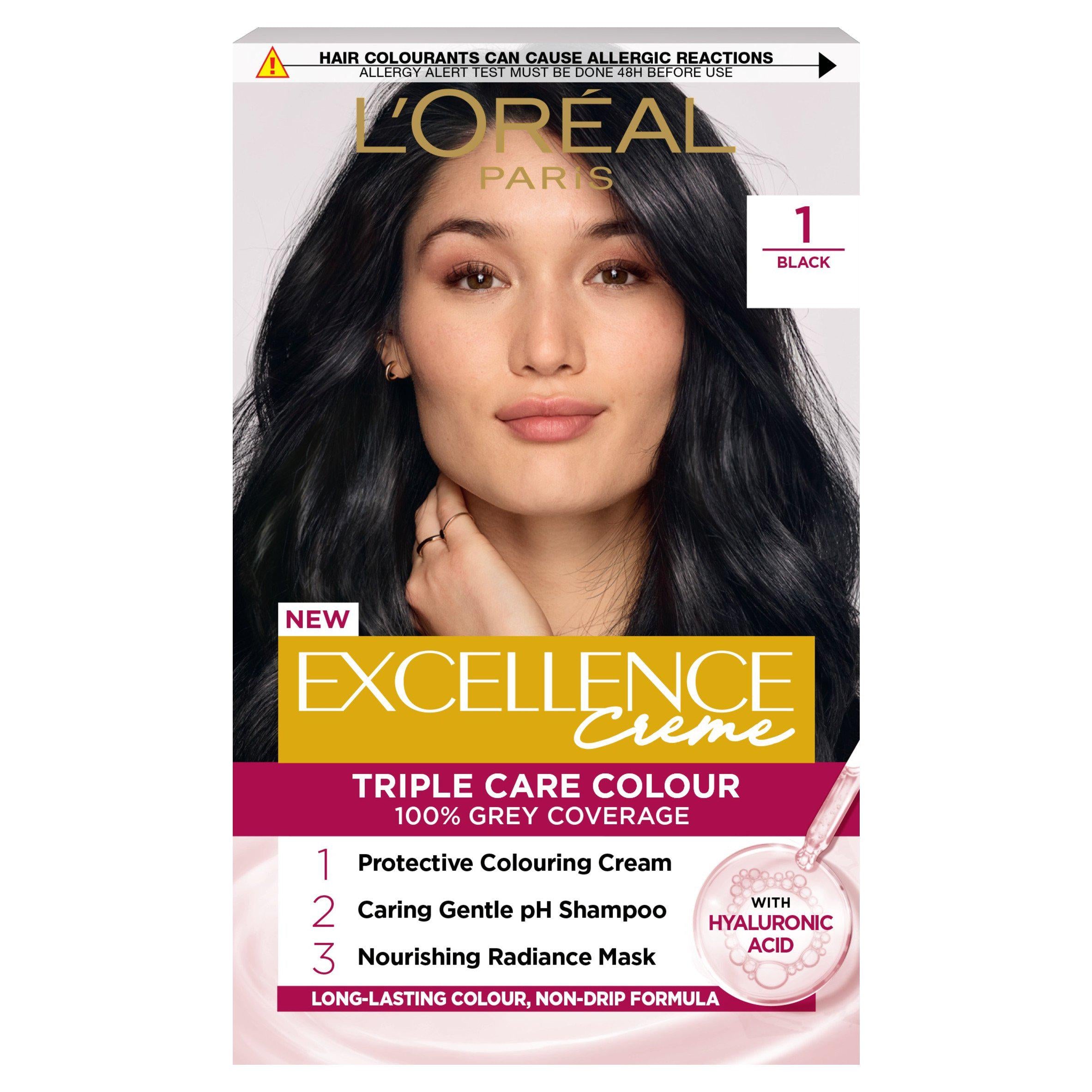L'Oreal Paris permanent hair dye Natural Darkest Black (British brand)
