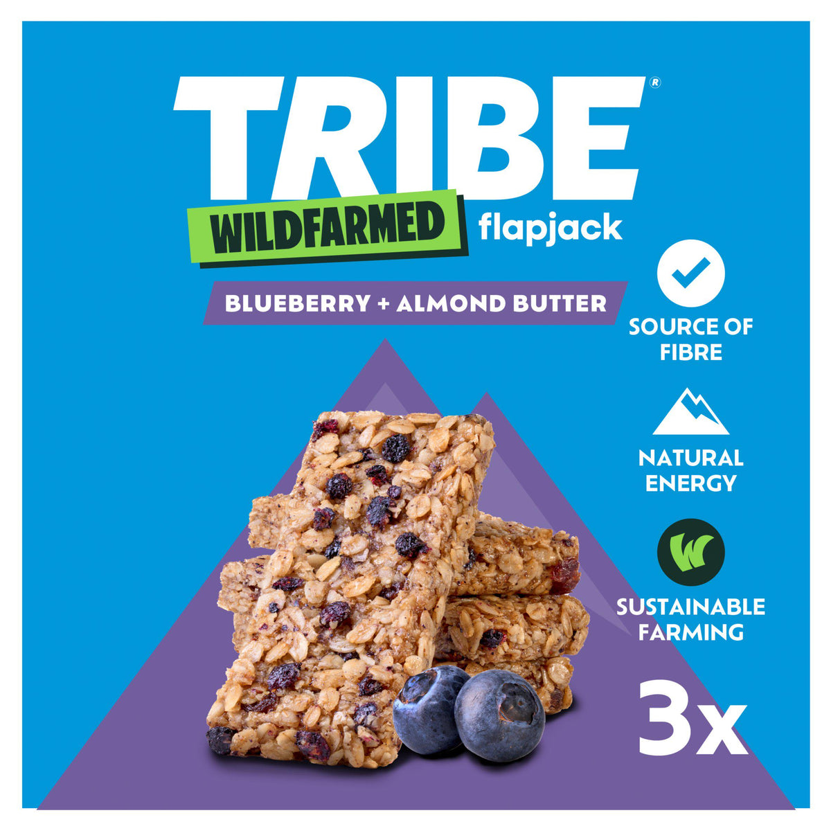 TRIBE Wildfarmed flapjack bars blueberry almond butter 3 x 50g (British brand)