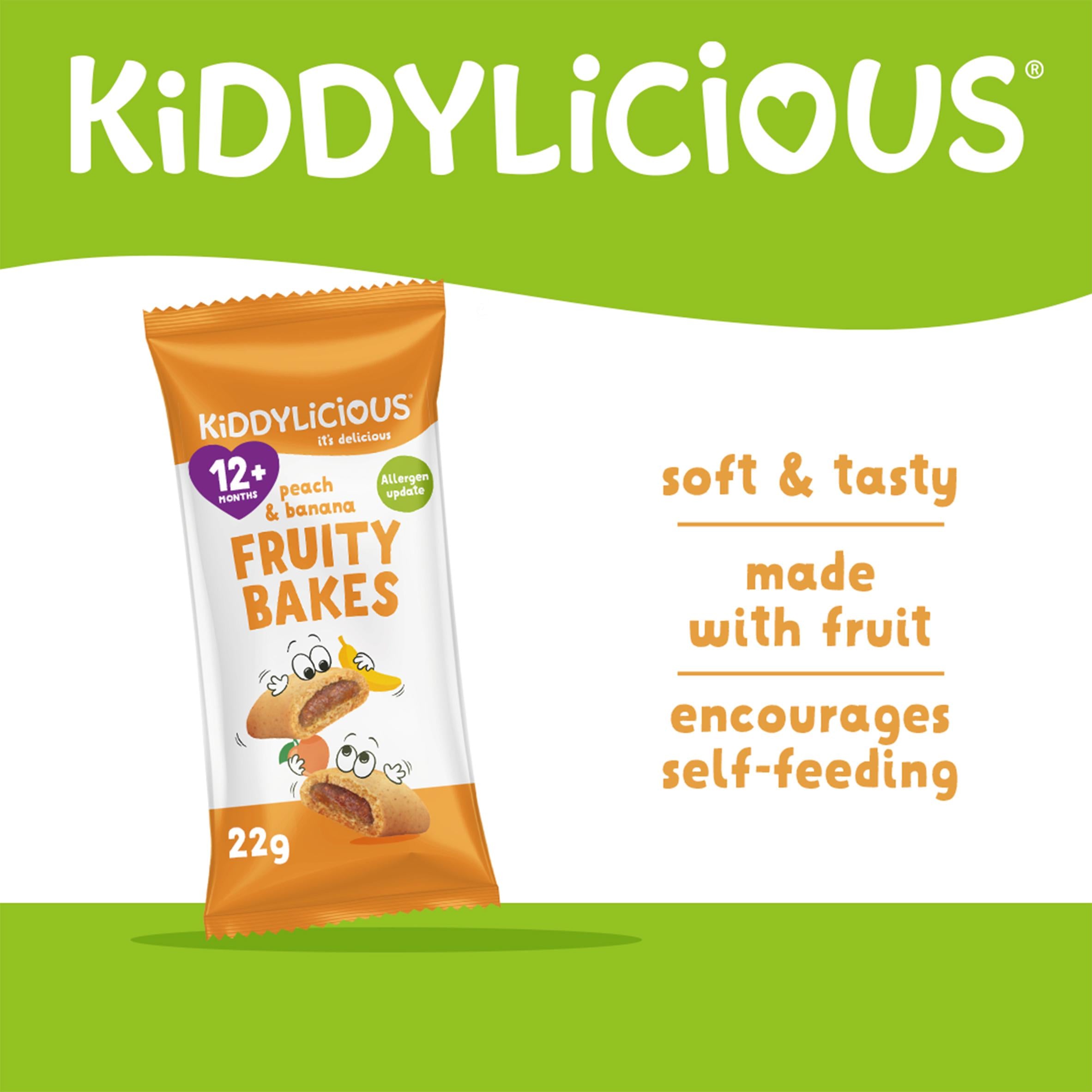 Kiddylicious peach and banana fruity bakes baby snack 6x22g, imported from the UK