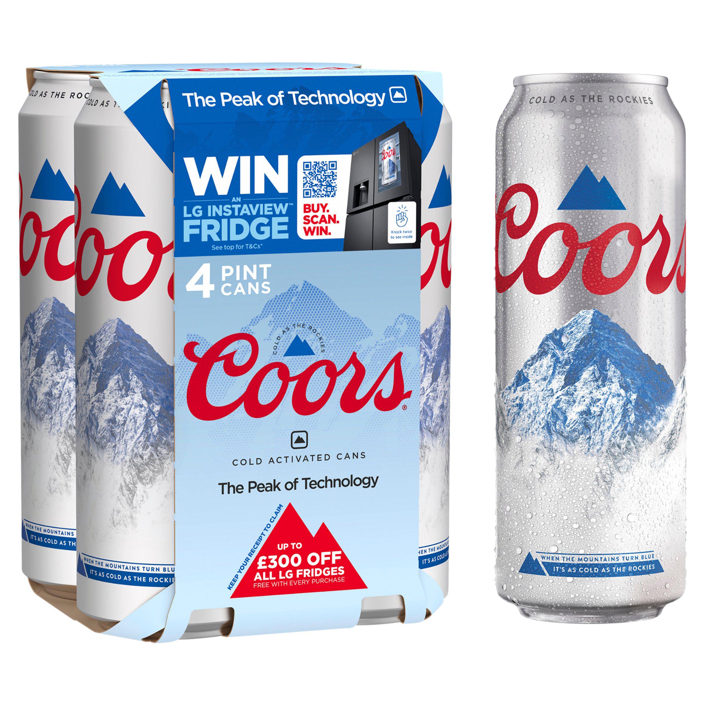 Coors lager beer 4 pack 568ml cold activated cans, UK version