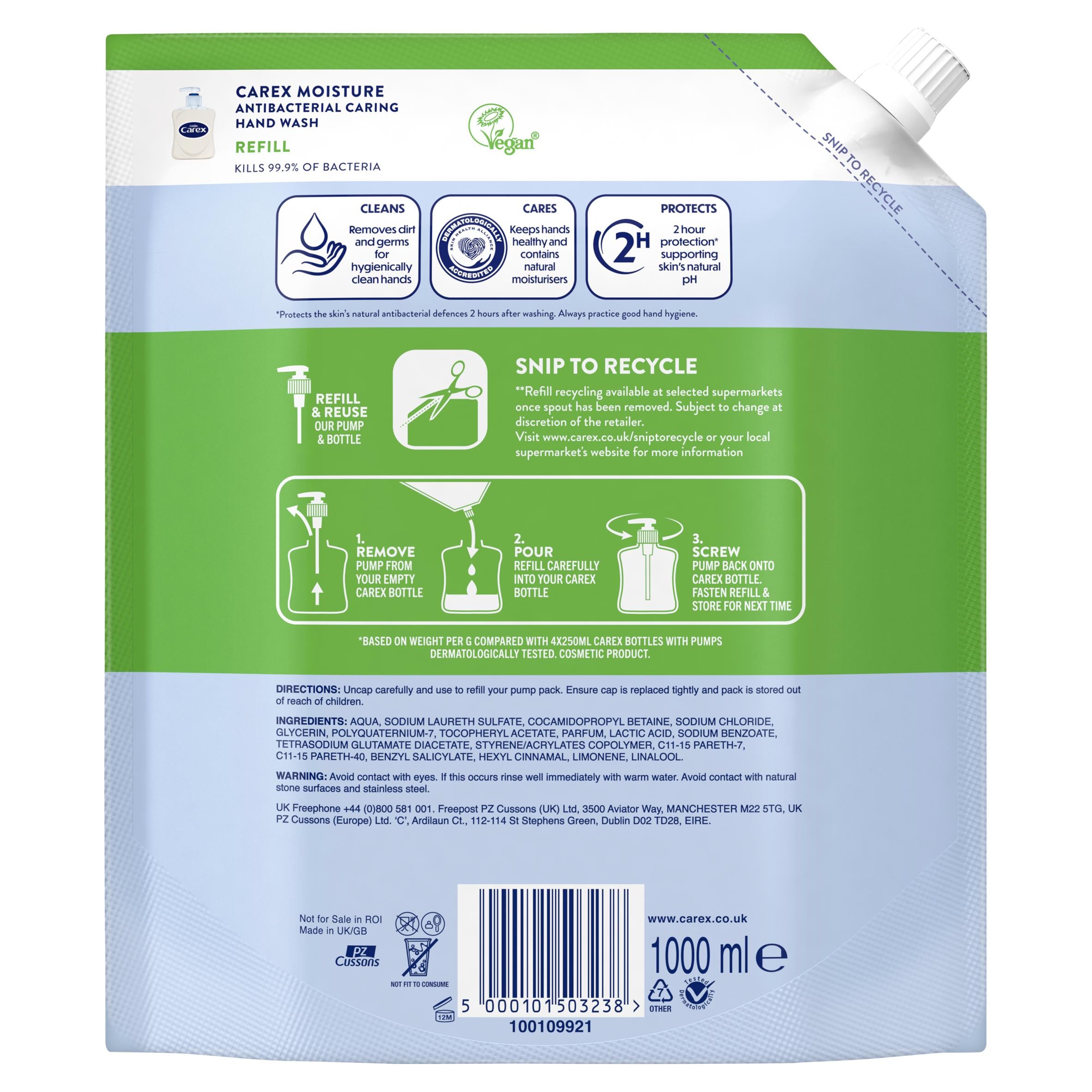 Carex antibacterial hand wash refill 1L pouch (British brand)