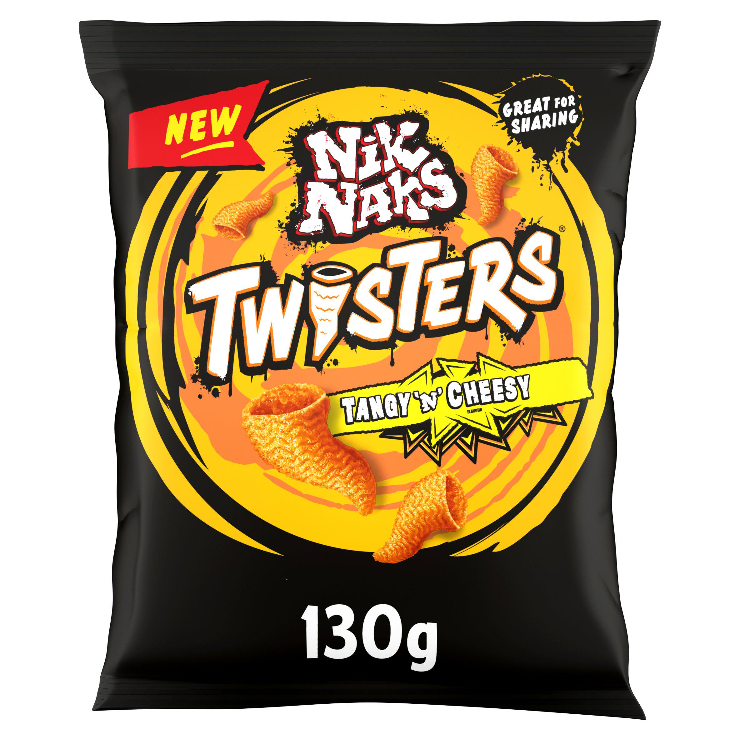 Nik Naks Twisters Tangy Cheesy Crisps 130g, imported from the UK