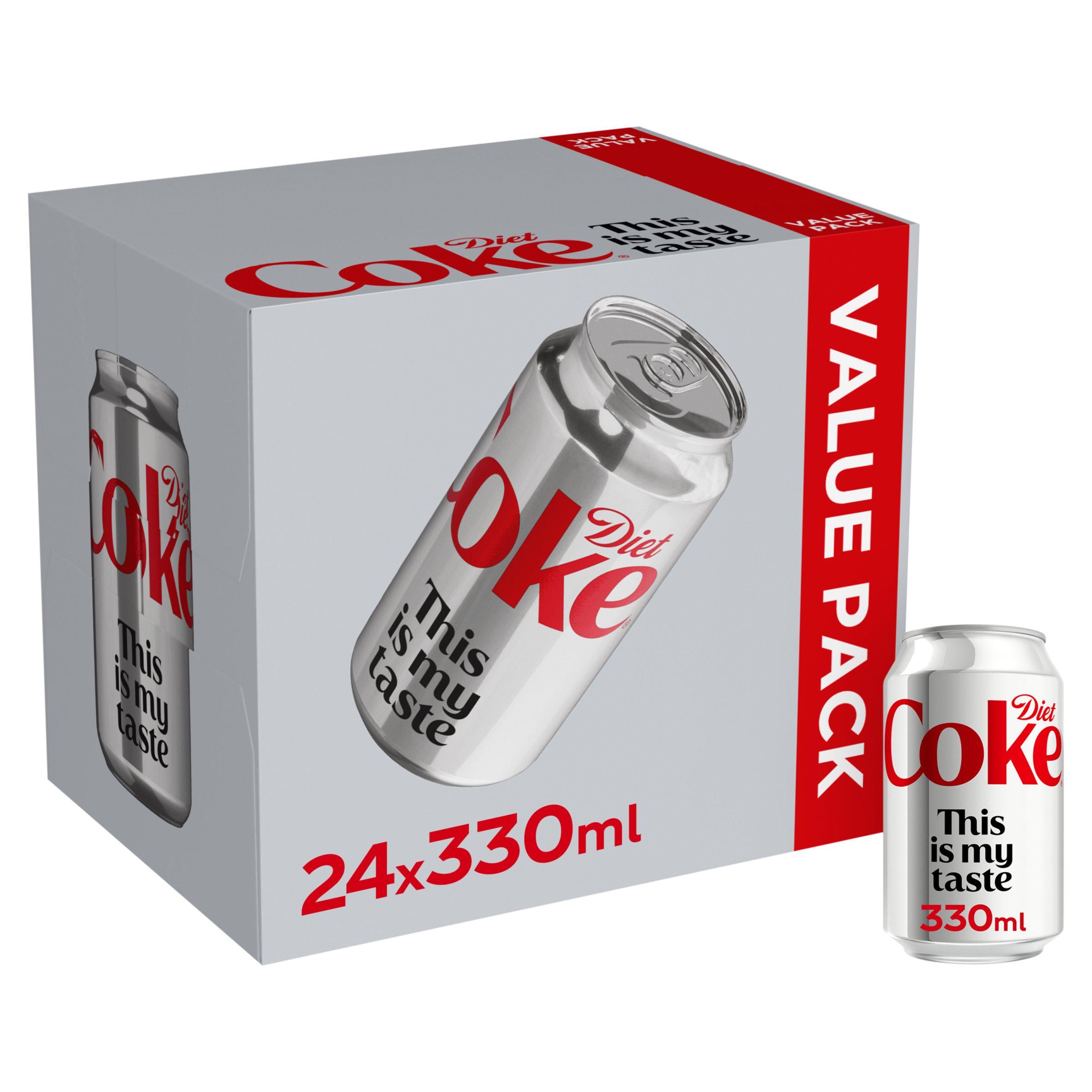 Diet Coke zero sugar cola 24 pack 330ml cans - British product